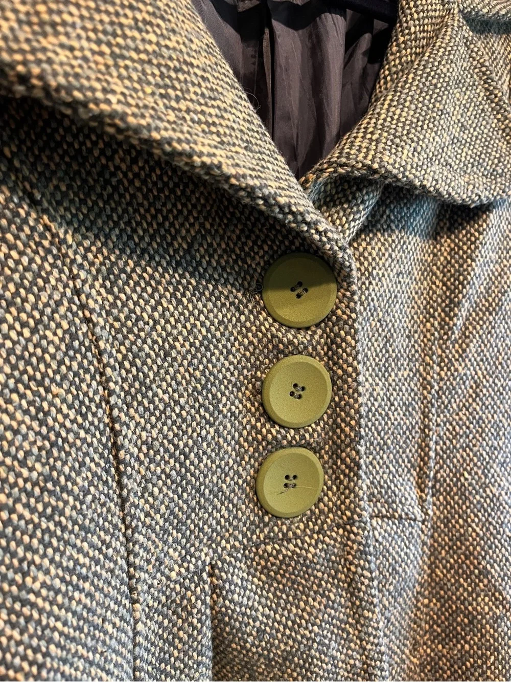 Papillon Blanc Olive Tweed Hooded Pea Coat with Green Buttons